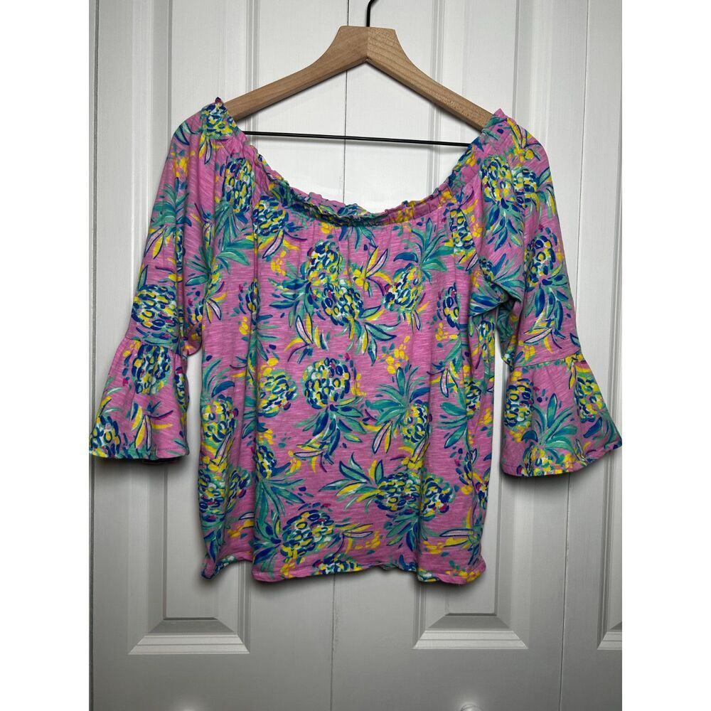 Stella Parker Collection Pink Pineapple Off Shoulder Bell Sleeve Top Size M